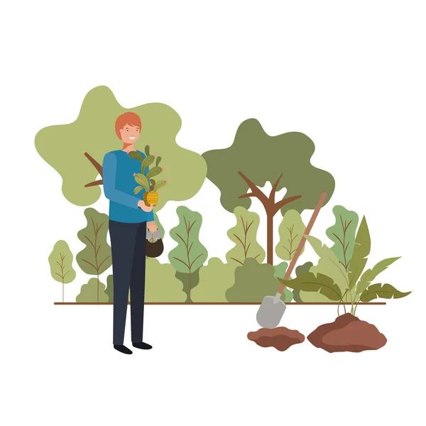 Hombre con árbol para plantar en el paisaje — Archivo Imágenes Vectoriales