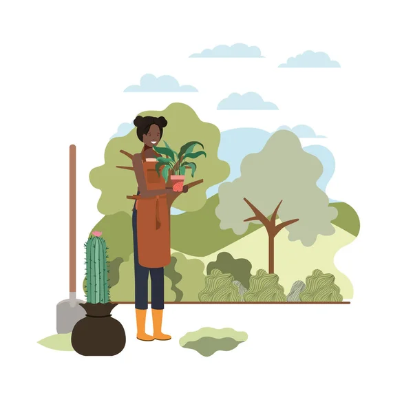 Kobieta z drzewa do sadzenia w krajobrazie — Wektor stockowy