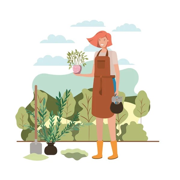 Mujer con árbol para plantar en el paisaje — Vector de stock