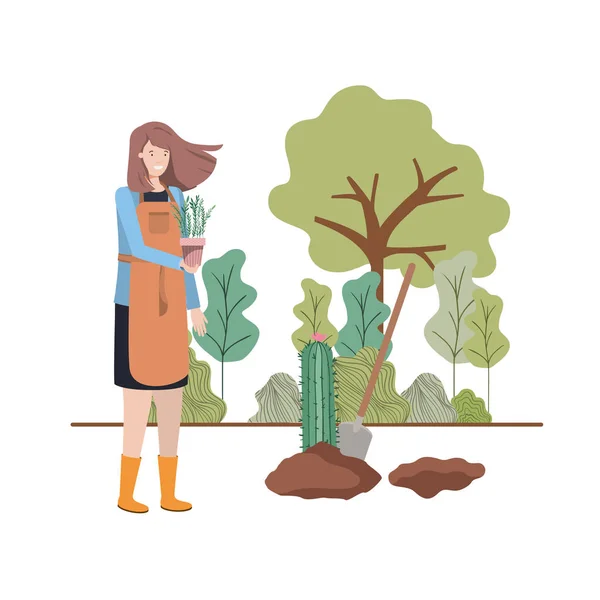 Mulher com árvore para plantar na paisagem — Vetor de Stock