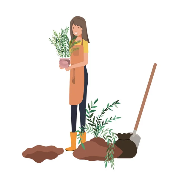 アバターのキャラクターを植える木を持つ女性 — ストックベクタ