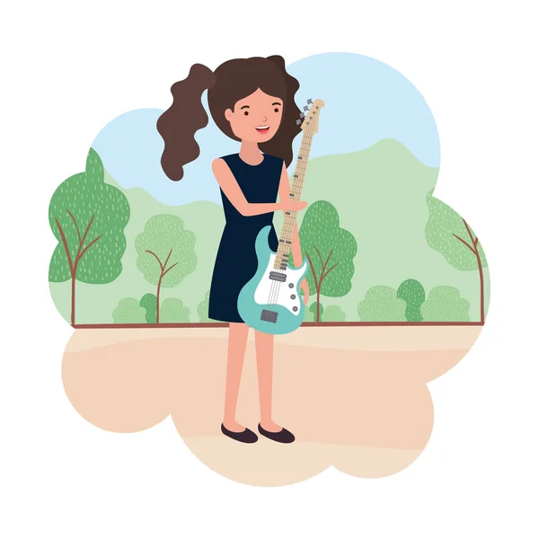 Жінка з електричною гітарою в пейзажному аватарі — стоковий вектор