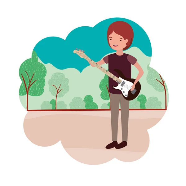 Hombre con guitarra eléctrica en carácter de paisaje — Vector de stock