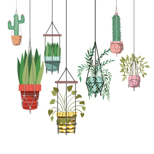 Plantas de interior en macramé perchas icono — Vector de stock