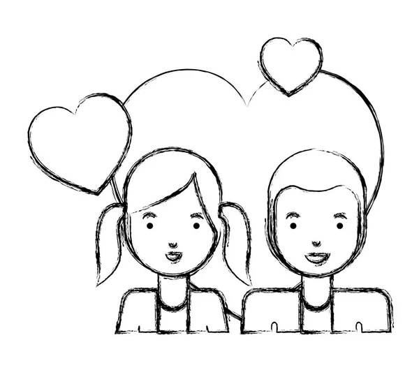 Jovem casal com corações personagens de amor —  Vetores de Stock