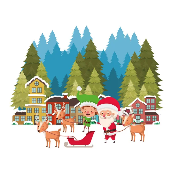 Barrio con pinos y santa claus con elfo en trineo — Vector de stock