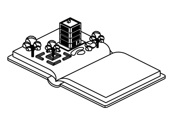 Livre école avec terrain et bâtiment isométrique — Image vectorielle