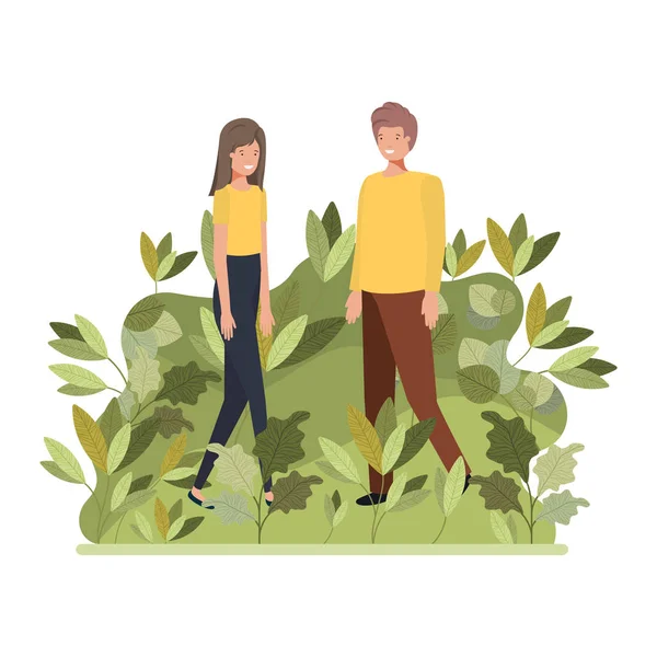 Jeune couple avec personnage avatar paysage — Image vectorielle