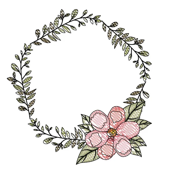 Beautiful flower and leafs circular frame — Stock Vector