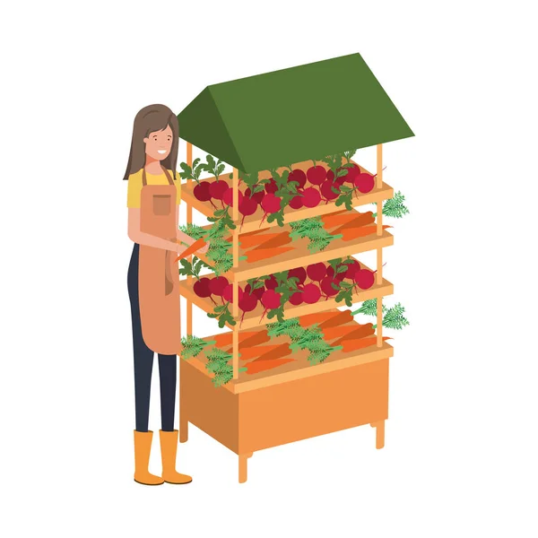 Vegetable seller woman with kiosk isolated icon — 图库矢量图片