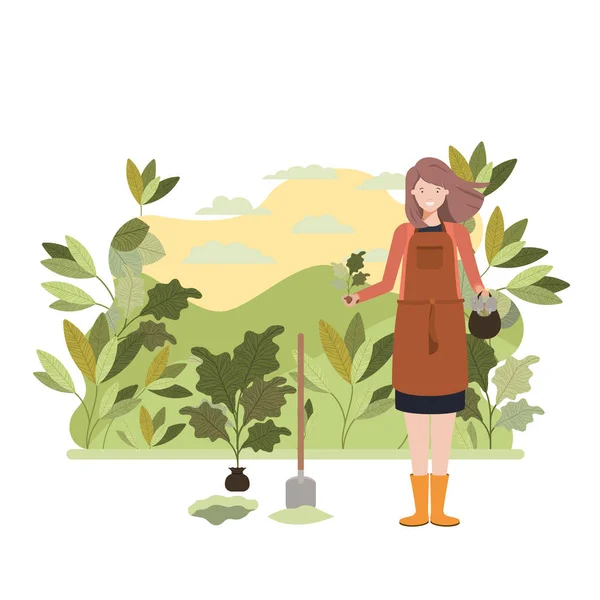 Žena zahradník s krajinou avatar charakter — Stockový vektor