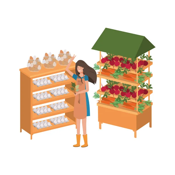 キオスク分離アイコン野菜販売の女性 — ストックベクタ