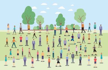 Grup yürüyüş ve park karakterleri üzerinde çalışan insan