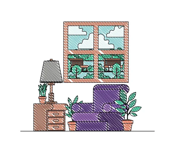 Wohnzimmer mit Zimmerpflanzen und Fenster — Stockvektor