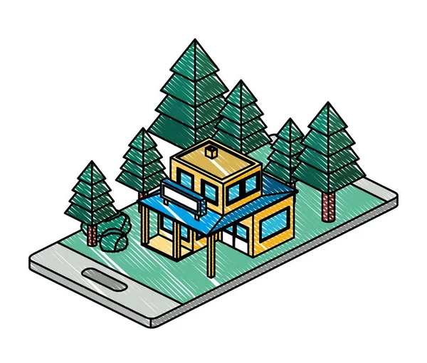 Smartphone met Camp en gebouw isometrisch — Stockvector
