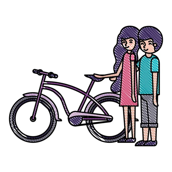 Νεαρό ζευγάρι με χαρακτήρες avatars ποδηλάτων — Διανυσματικό Αρχείο