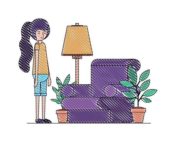 Woman in the living room with houseplants scene — 스톡 벡터