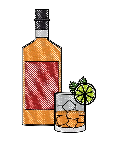 Cóctel de cristal con fruta y botella — Vector de stock