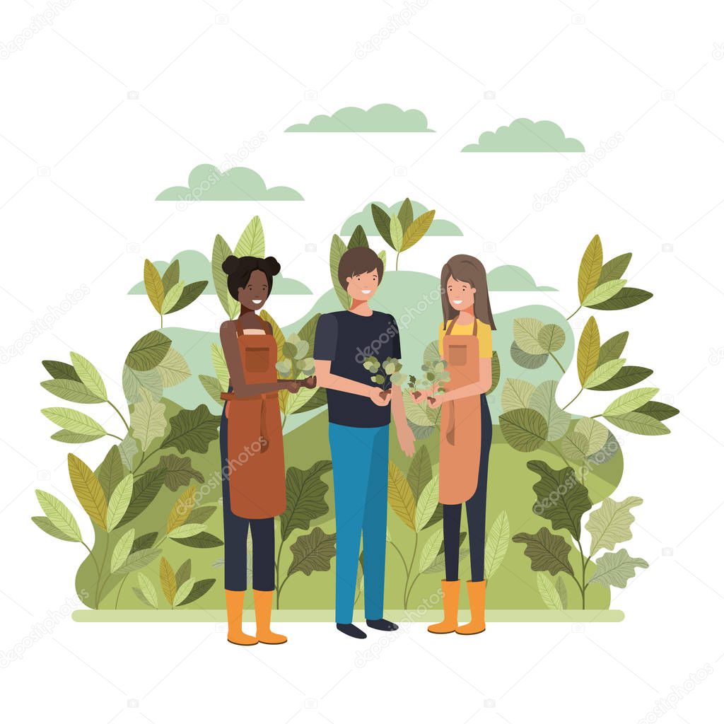 group of gardeners with landscape avatar character