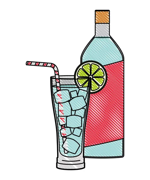 Cocktail di vetro con frutta e bottiglia — Vettoriale Stock