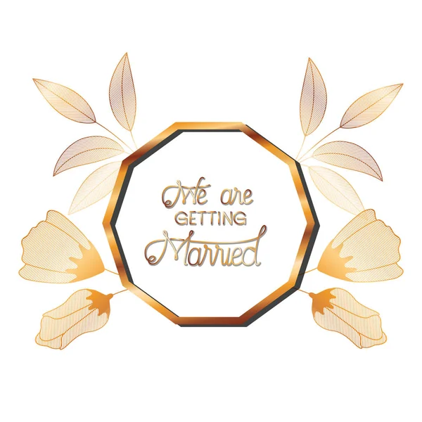 Bruiloft uitnodiging in frame gouden met bloemen — Stockvector
