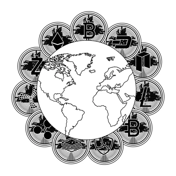 Kryptowaluta zestaw monet na całym świecie — Wektor stockowy