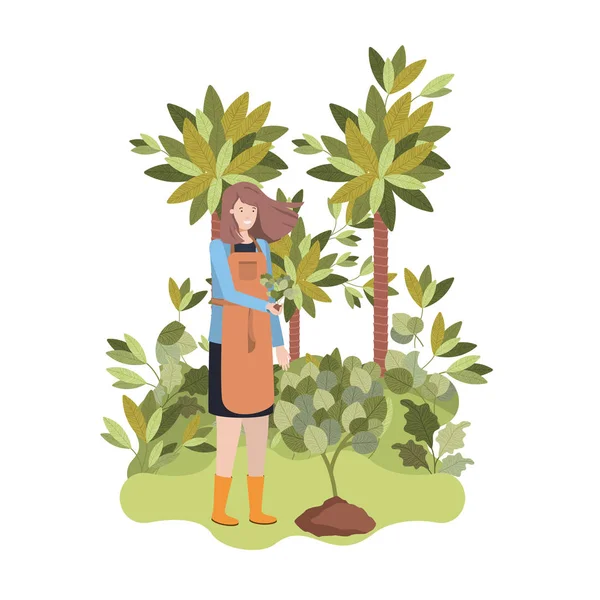 Mujer jardinero con árboles avatar carácter — Vector de stock