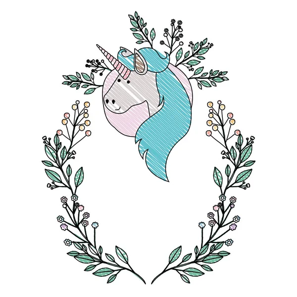 Unicornio con flores decorativos corona — Vector de stock