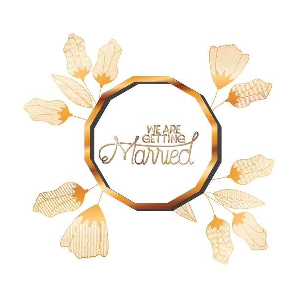 Invito di nozze in cornice dorata con fiori — Vettoriale Stock