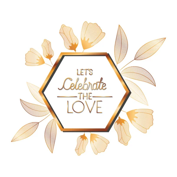 Convite de casamento em moldura dourada com flores —  Vetores de Stock