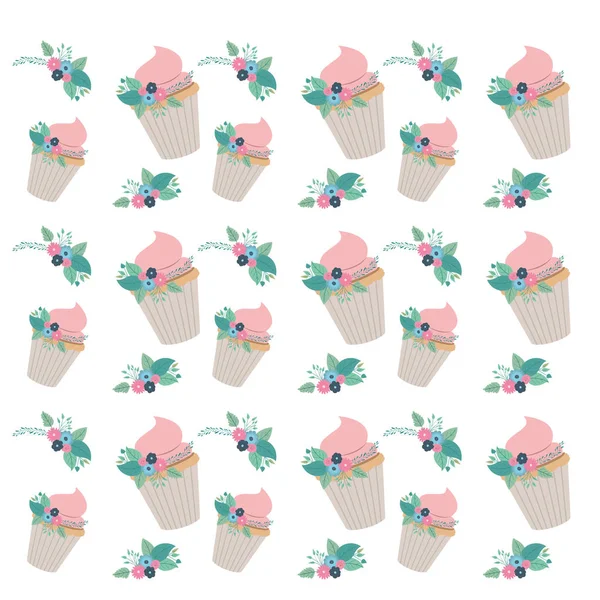 Beautiful flowers and leafs with cupcake pattern — Stock Vector
