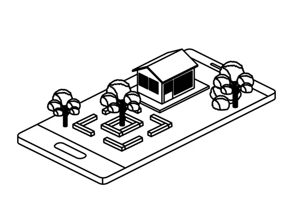 Smartphone avec camp et bâtiment isométrique — Image vectorielle