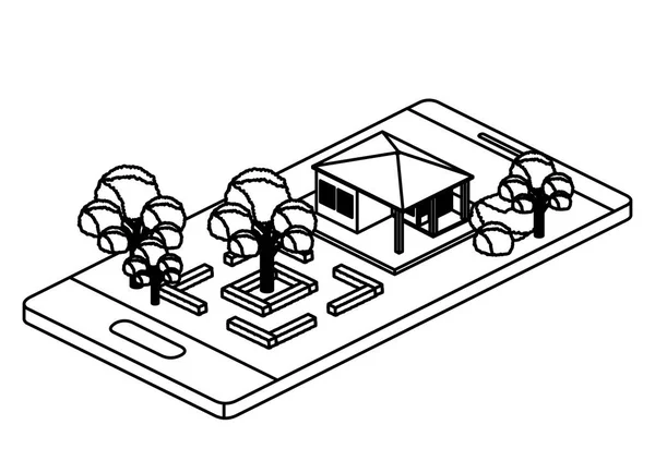 キャンプと建物のアイソメを備えたスマートフォン — ストックベクタ