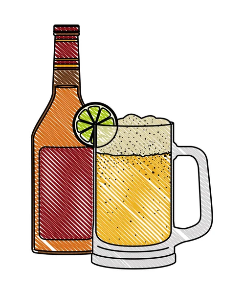 Tarro de cerveza con icono de bebida botella — Vector de stock