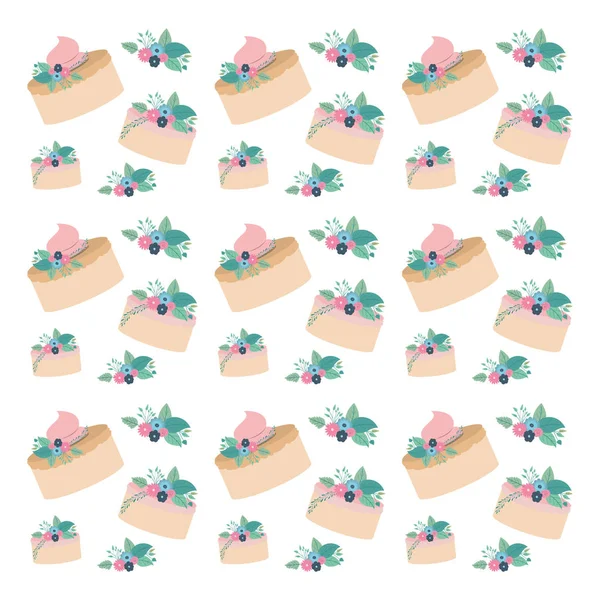 Mooie bloemen en blaadjes met cake patroon — Stockvector