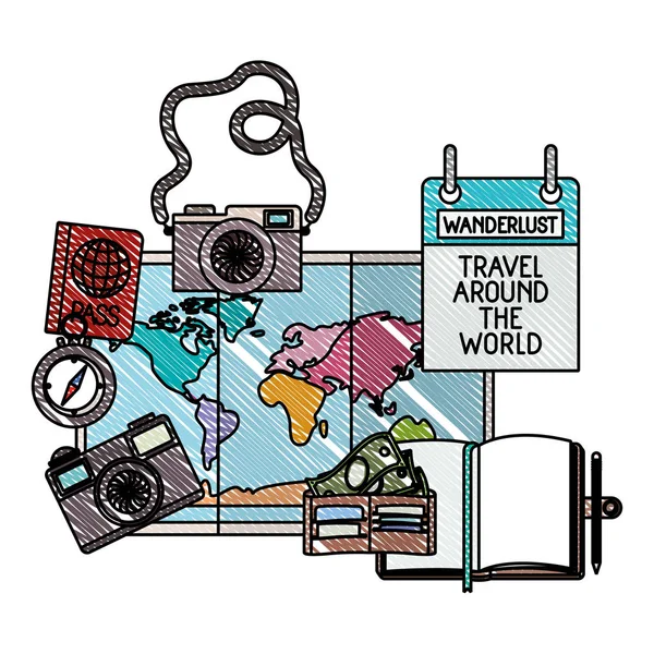 Mapa papieru z podróży wokół ikon świata — Wektor stockowy