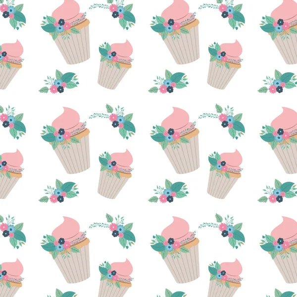 Prachtige bloemen en blaadjes met cupcake patroon — Stockvector