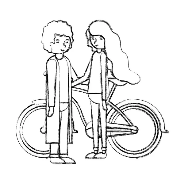 Jeune couple avec avatars de vélo personnages — Image vectorielle