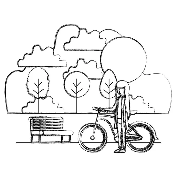 Женщина в парке с велосипедом — стоковый вектор