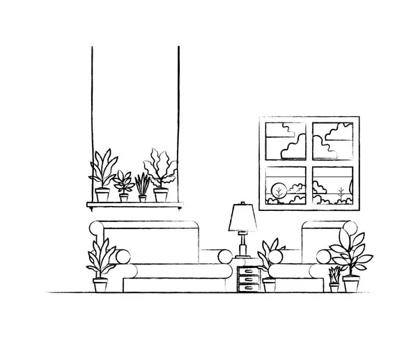 Wohnzimmer mit Zimmerpflanzen und Fenster — Stockvektor