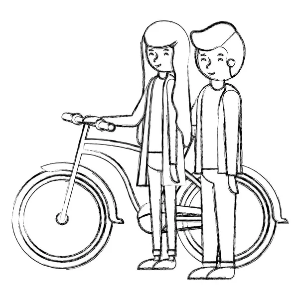 Young couple with bicycle avatars characters — Stock Vector