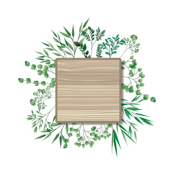 Quadrat aus Holz mit Zweigen und Blättern — Stockvektor