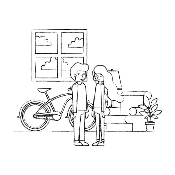 Супружеская пара в гостиной с комнатами и велосипедом — стоковый вектор