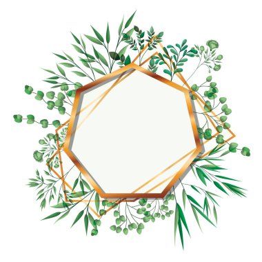 yaprak izole simgesi ile altın çerçeve heptagon