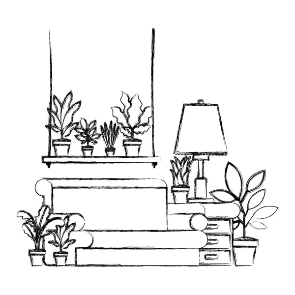Wohnzimmer mit Zimmerpflanzen-Szene — Stockvektor
