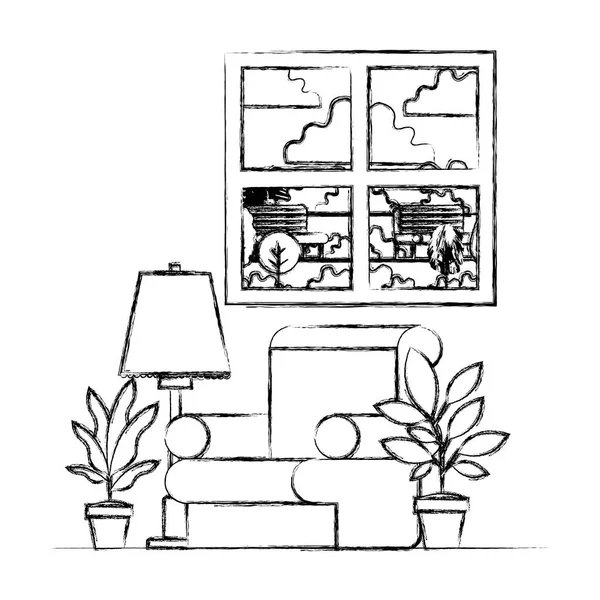 집식물과 창문이 있는 거실 — 스톡 벡터