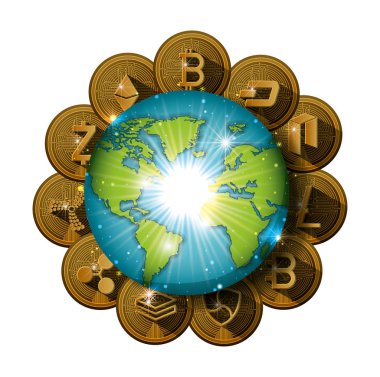 cryptocurrency set coins around the planet clipart