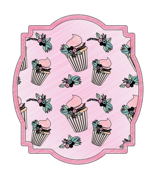 Elegant frame met bloemen en cupcake patroon — Stockvector