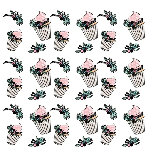 Schöne Blumen und Blätter mit Cupcake-Muster — Stockvektor