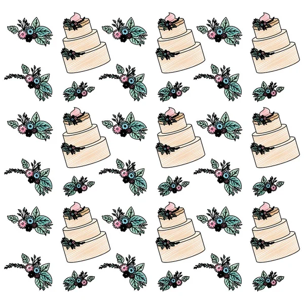 Mooie bloemen en blaadjes met cake patroon — Stockvector